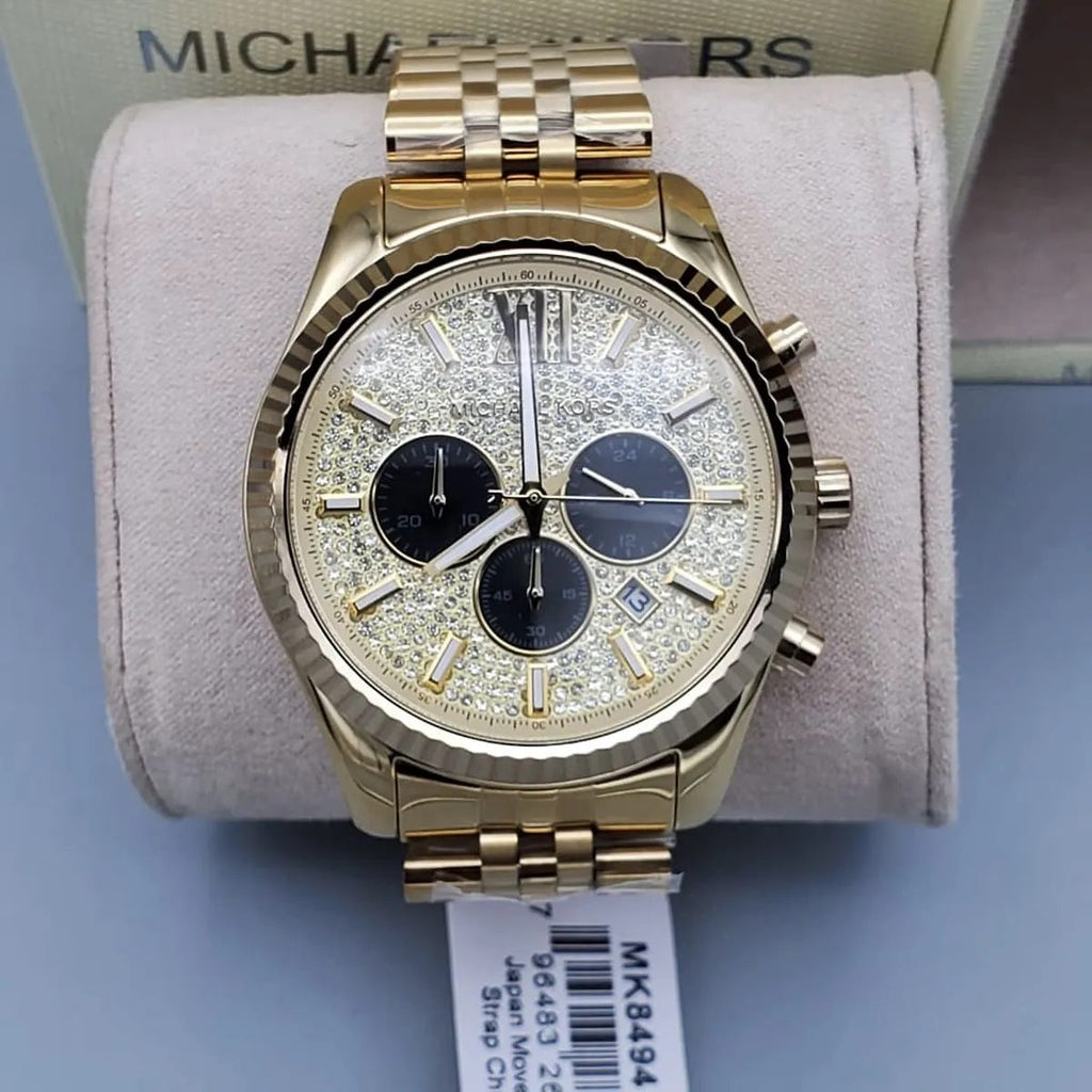 Michael Kors Men’s Watch Stainless Steel Gold Strap With Pave Crystal Dial MK8494