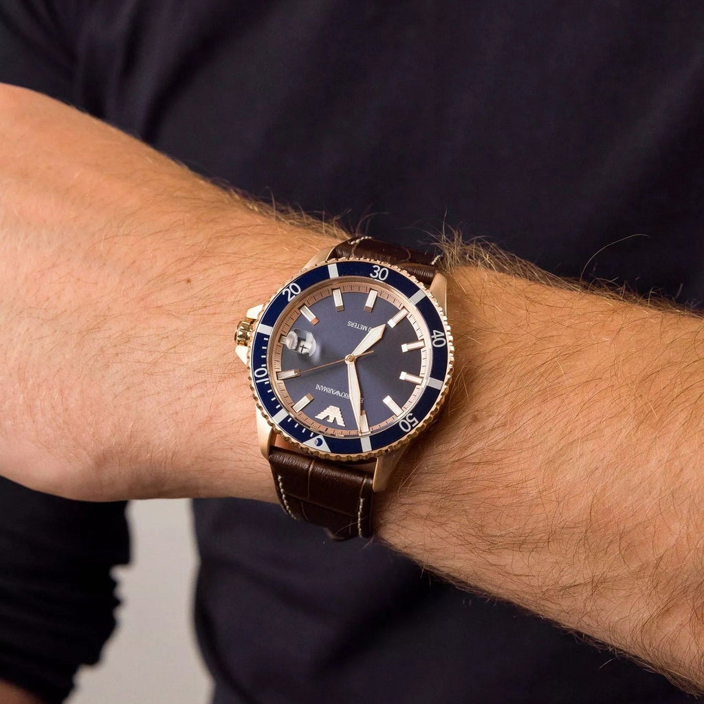 Emporio Armani Men's Watch AR11556 Brown Leather Strap & Blue Dial With Rose Gold Case Diver