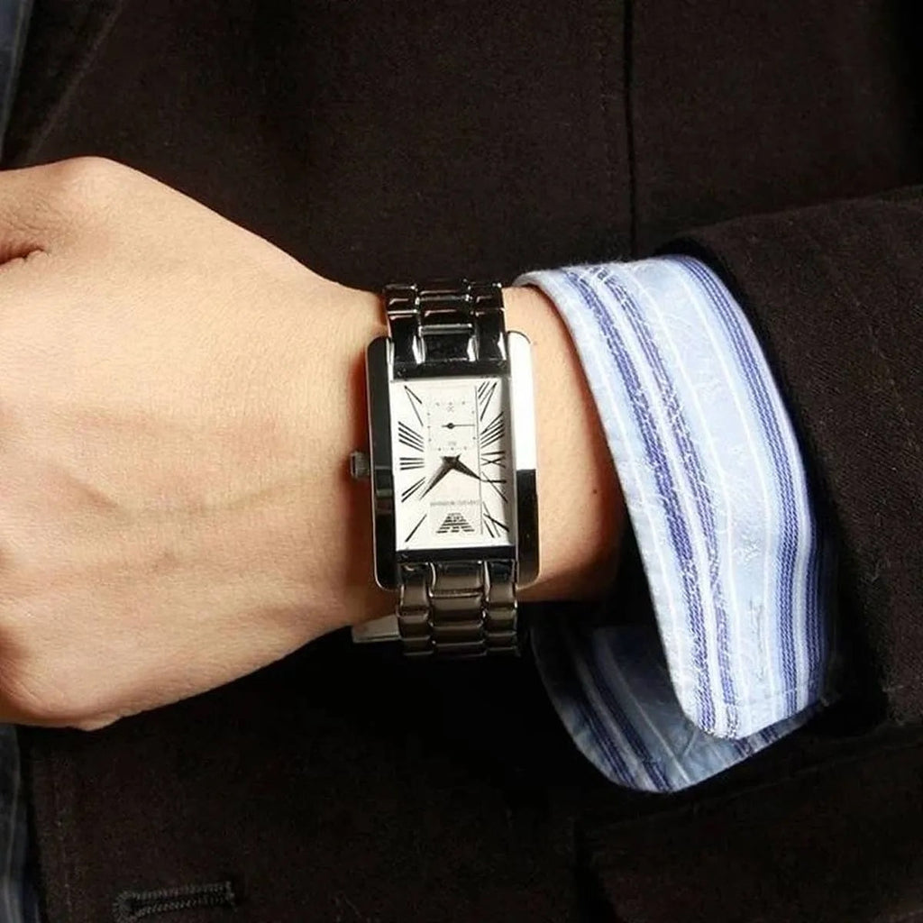 Emporio Armani Men’s Watch Stainless Steel Silver Strap With White Dial AR0145 Classic Rectangle