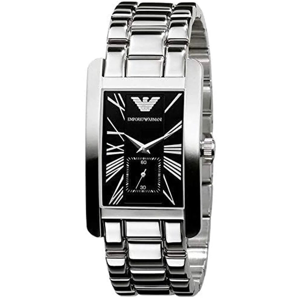 Emporio Armani Men’s Watch Stainless Steel Silver Strap With Black Dial Rectangular Classic AR0156