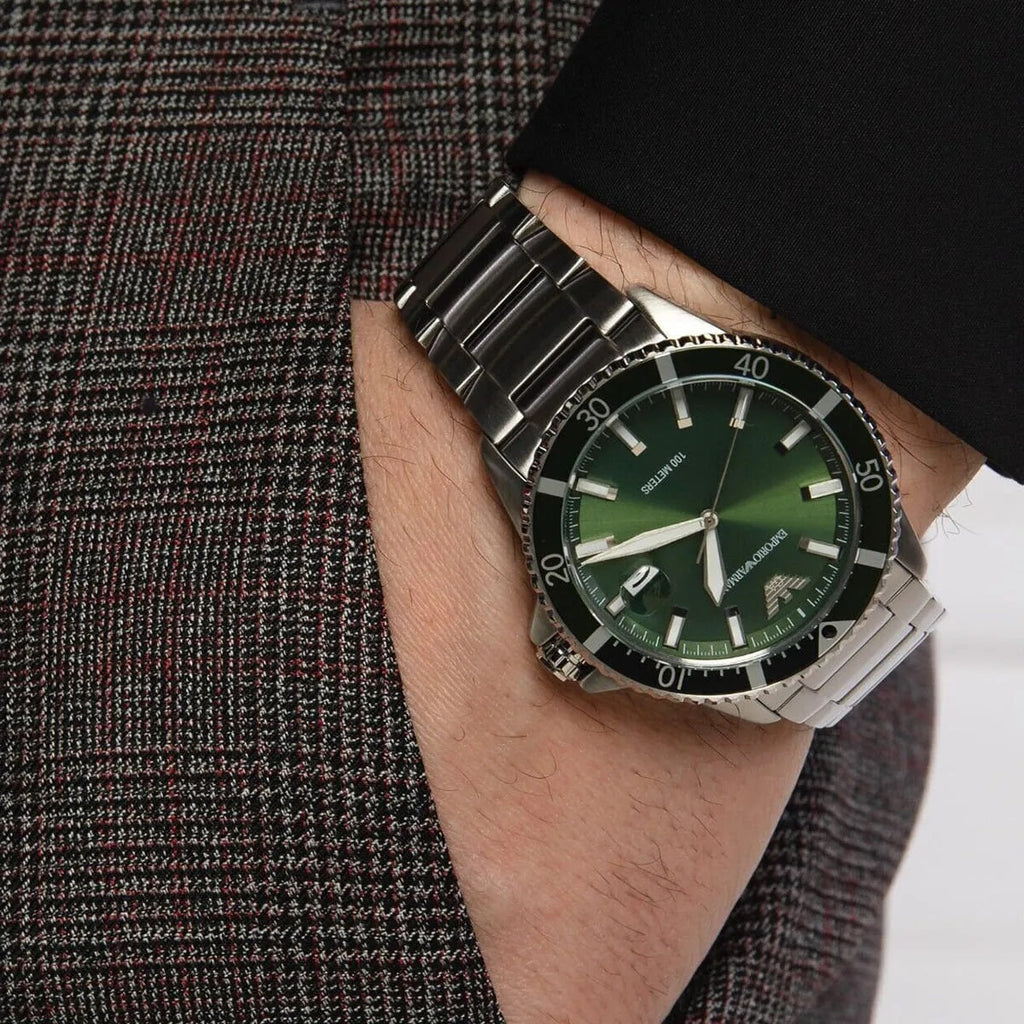 Emporio Armani Men's Watch Stainless Steel Silver Strap & Green Dial AR11338 Diver