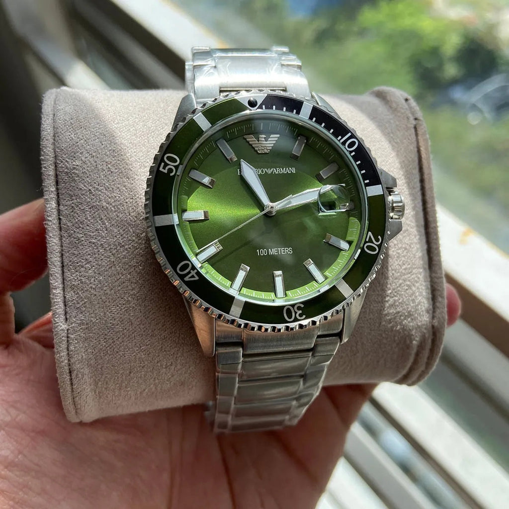 Emporio Armani Men's Watch Stainless Steel Silver Strap & Green Dial AR11338 Diver