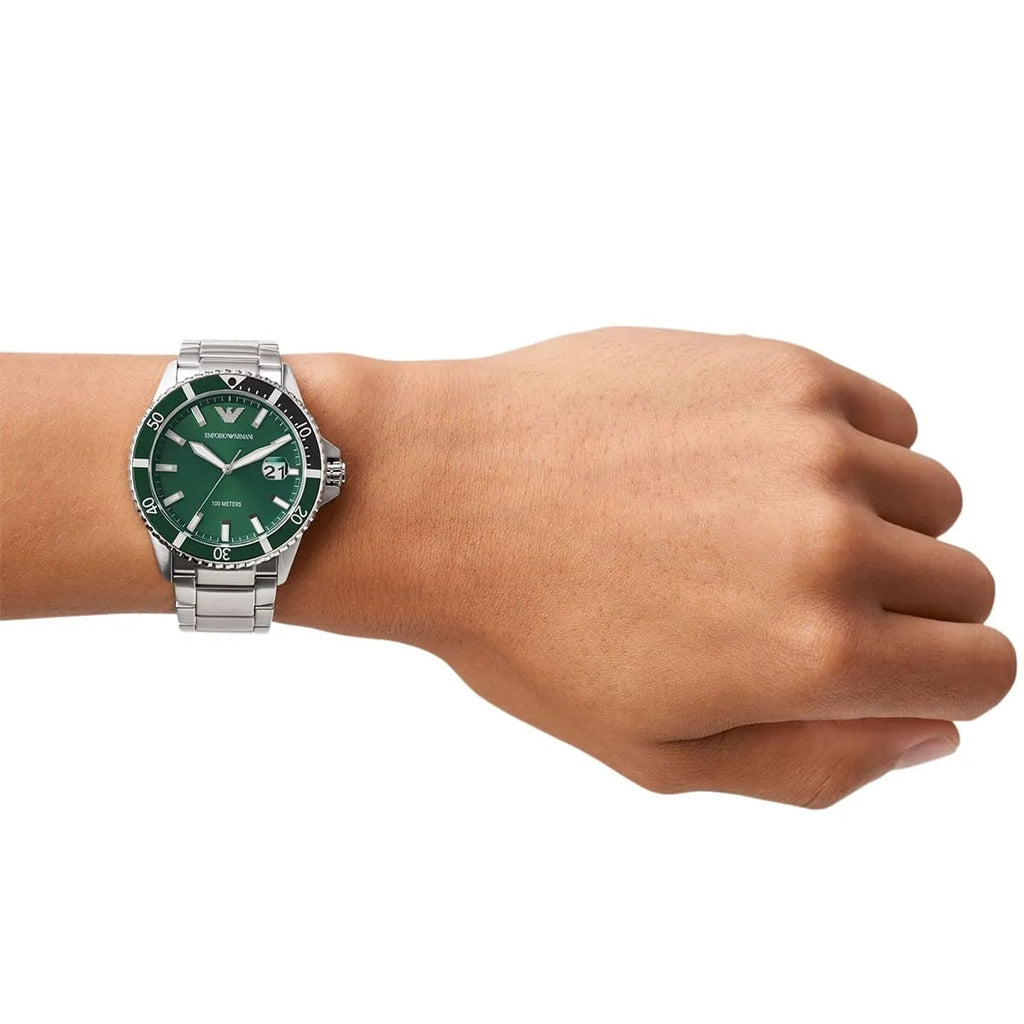 Emporio Armani Men's Watch Stainless Steel Silver Strap & Green Dial AR11338 Diver