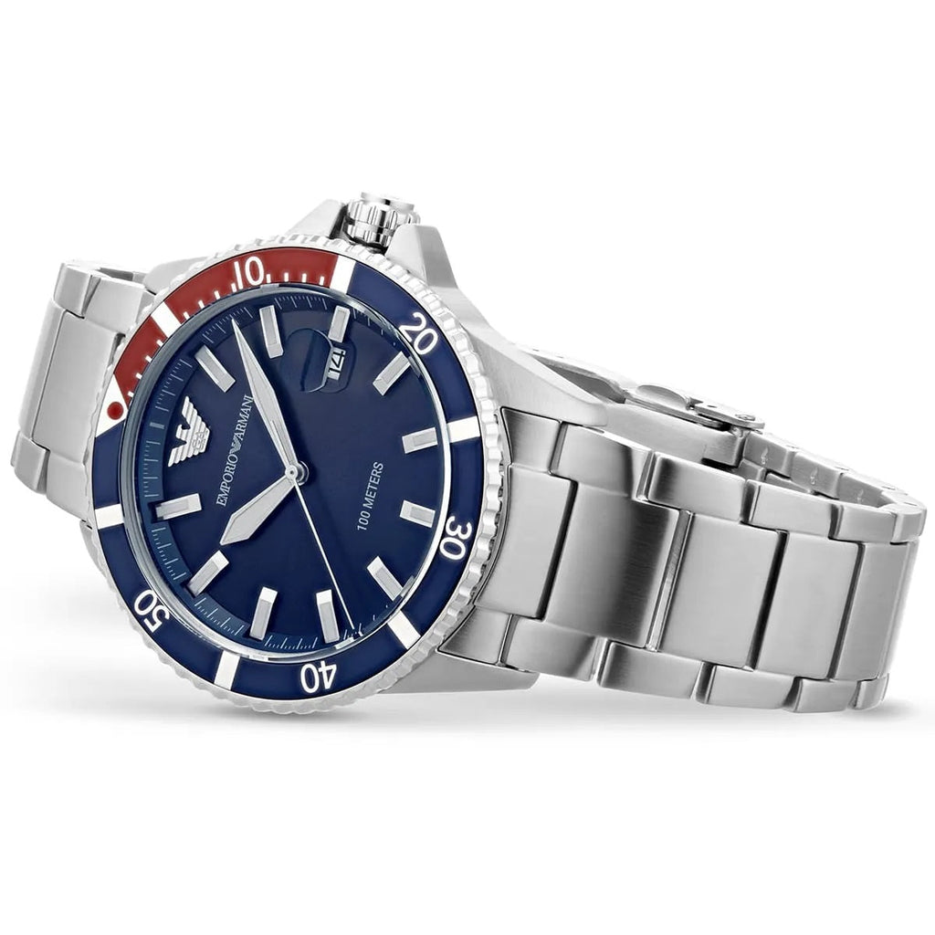 Emporio Armani Men's Watch Stainless Steel Silver Strap With Blue Dial AR11339 Diver
