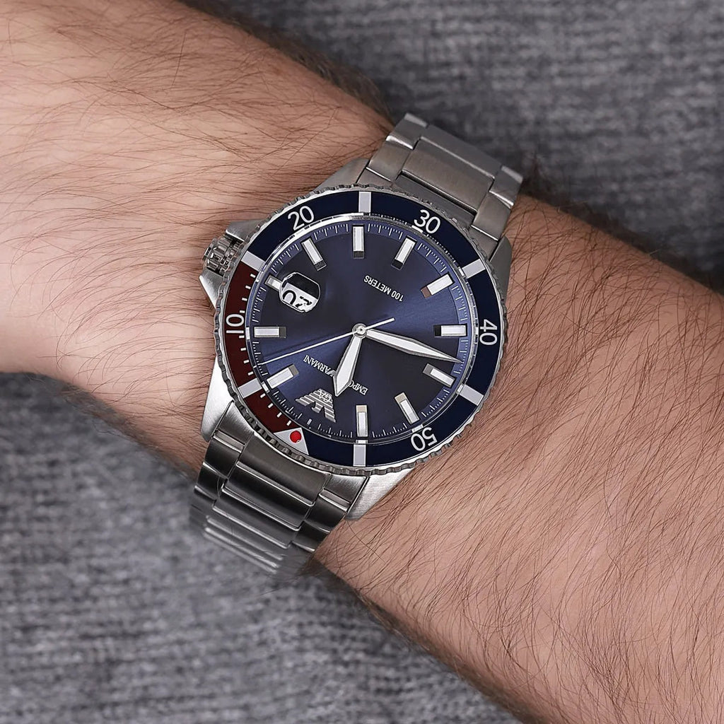 Emporio Armani Men's Watch Stainless Steel Silver Strap With Blue Dial AR11339 Diver