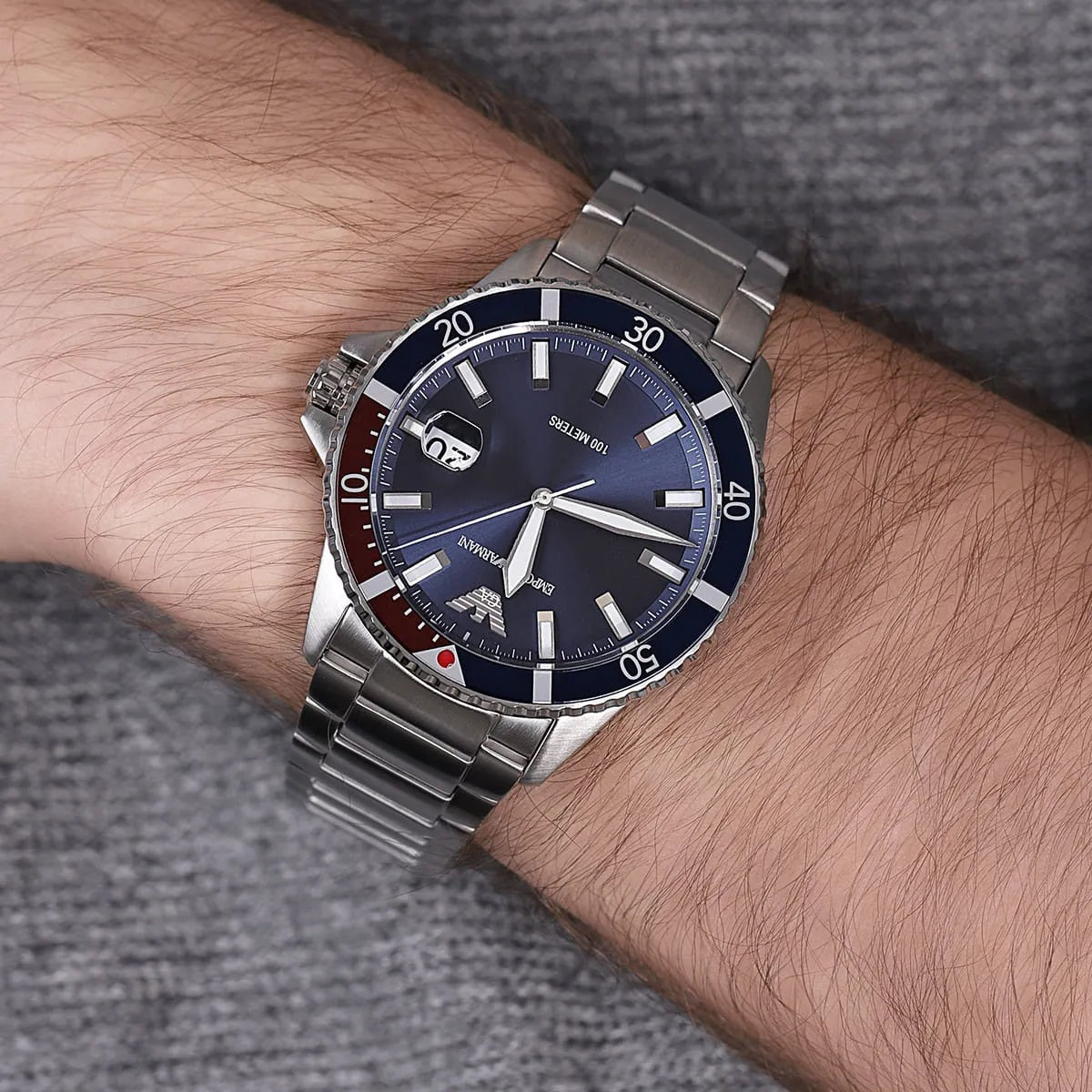 Emporio Armani Men's Watch Stainless Steel Silver Strap With Blue Dial AR11339 Diver