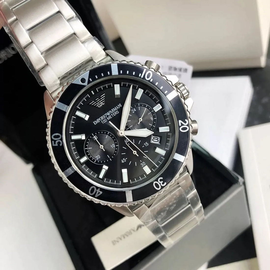 Emporio Armani Men's Watch Stainless Steel Silver Bracelet & Black Dial AR11360 Diver