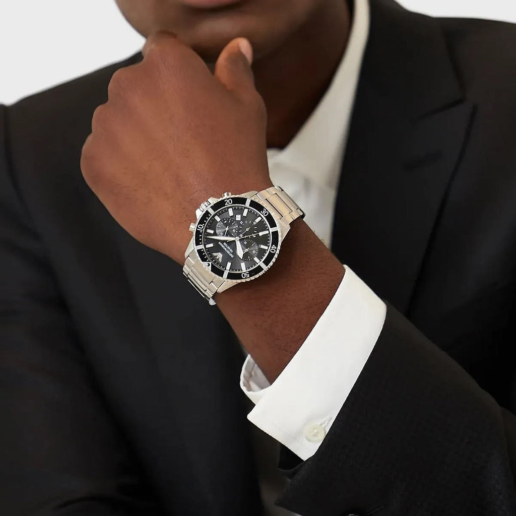 Emporio Armani Men's Watch Stainless Steel Silver Bracelet & Black Dial AR11360 Diver