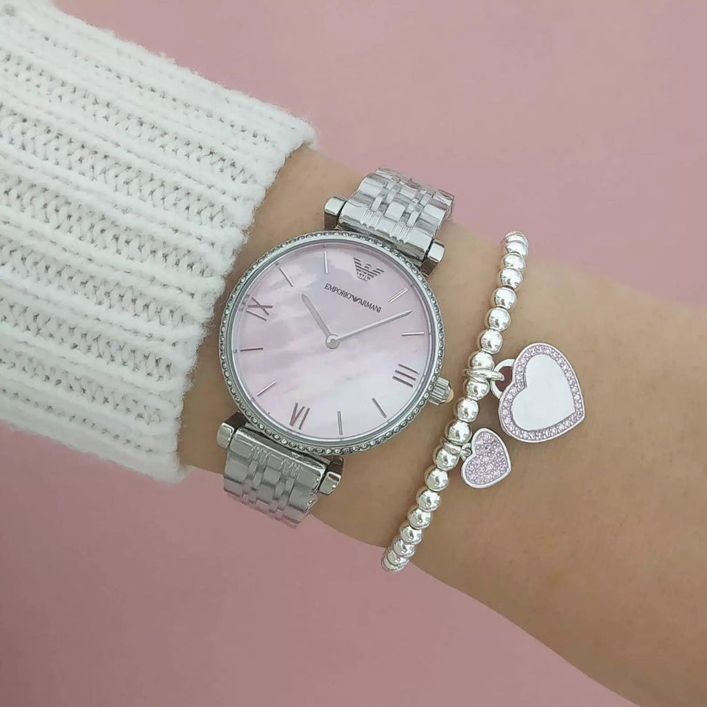 Emporio Armani Women's Watch Stainless Steel Silver Strap With Pink Dial AR1779 Gianni T-Bar