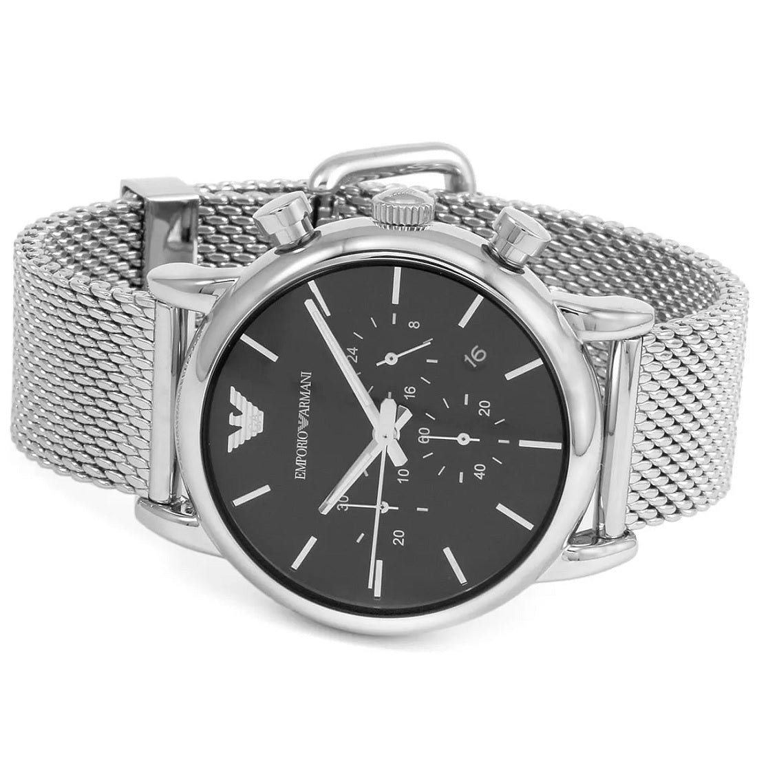 Emporio Armani Men's Watch Stainless Steel Silver Mesh Strap With Black Dial AR1811 Luigi