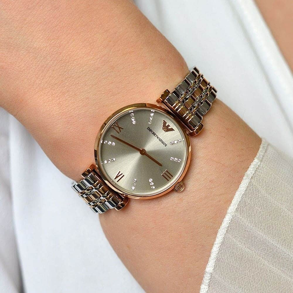 Emporio Armani Women's Watch Stainless Steel Two-Tone Silver & Rose Gold Strap With Grey Dial AR1840 Gianni T-Bar