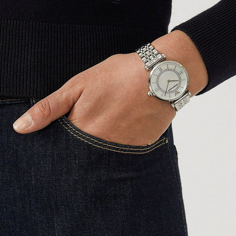 Emporio Armani Women’s Watch Stainless Steel Silver Strap With Mother of Pearl Dial AR1908 Gianni T-Bar