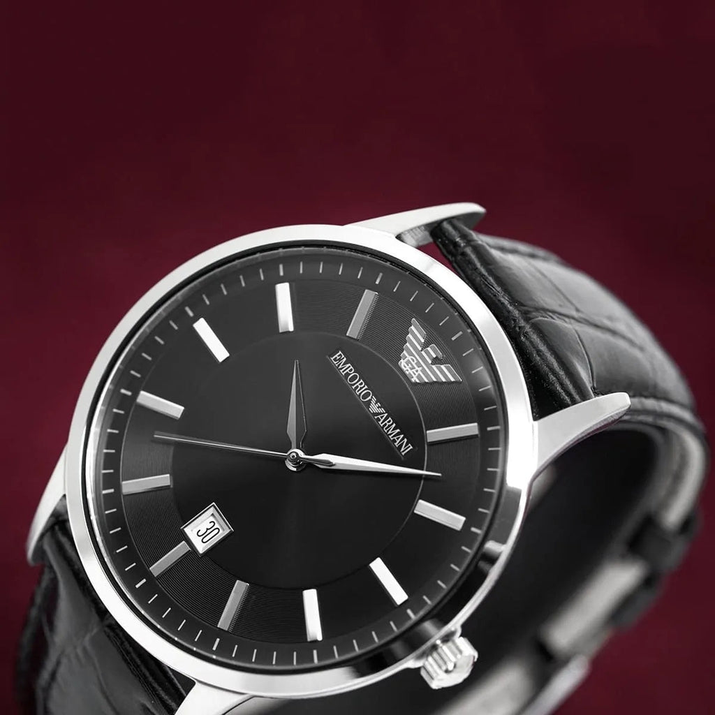 Emporio Armani Men’s Watch Leather Black Strap With Black Dial And Silver Case AR2411 Renato