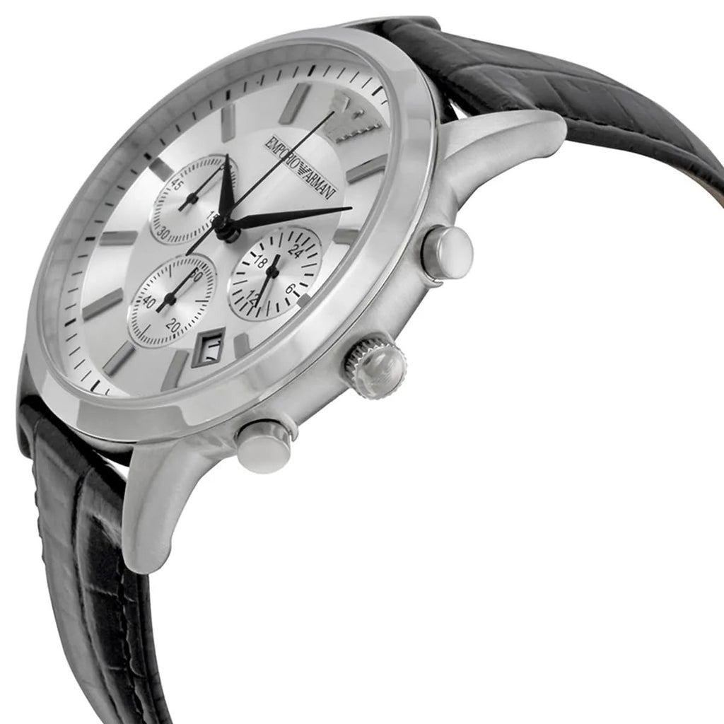 Emporio Armani Men’s Watch Leather Black Strap With Silver Dial AR2432 Renato