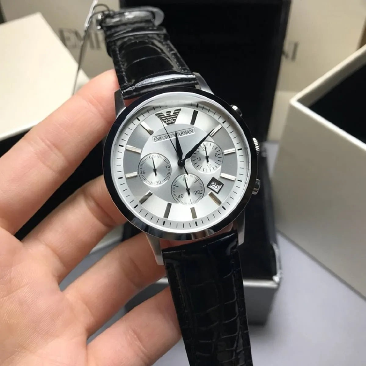 Emporio Armani Men’s Watch Leather Black Strap With Silver Dial AR2432 Renato