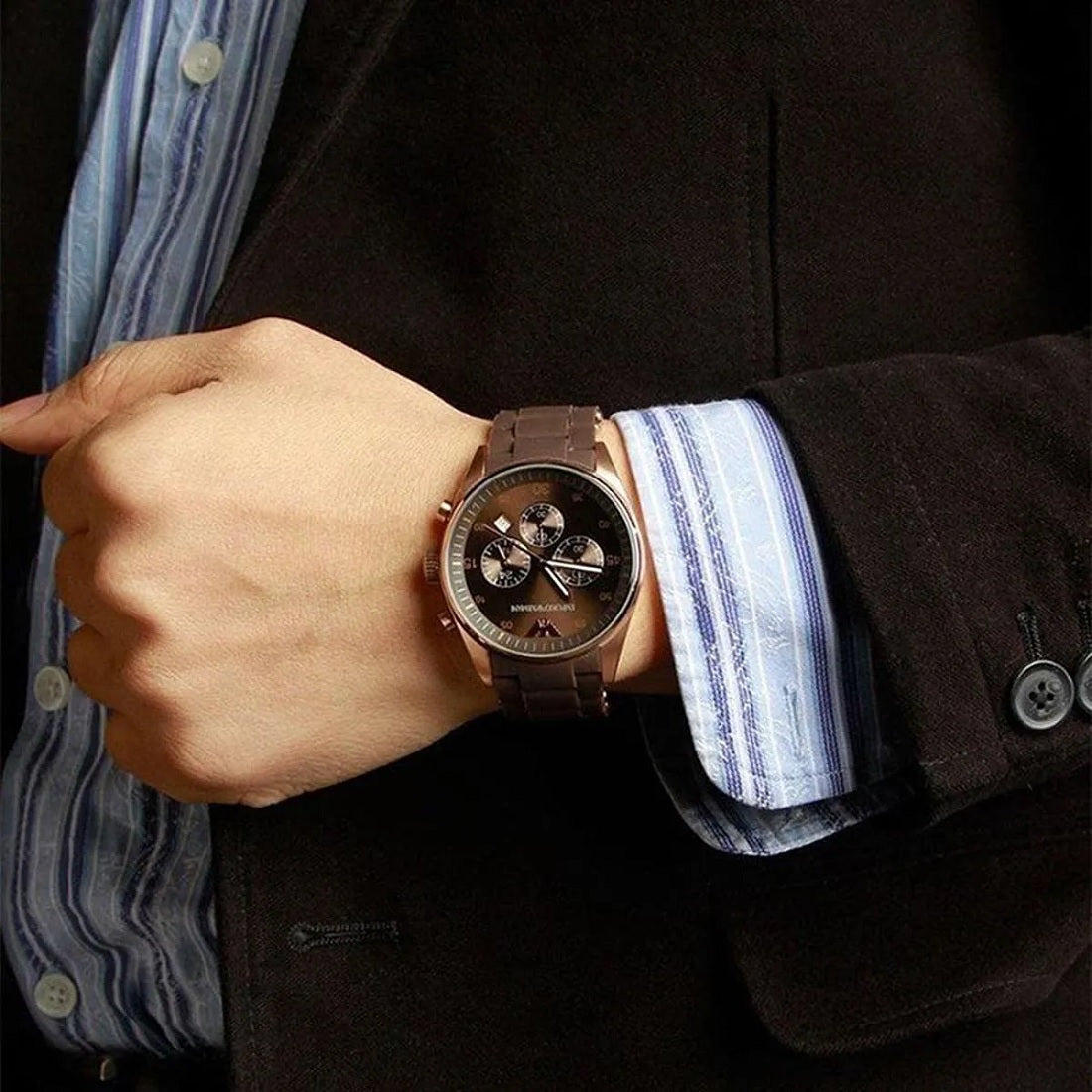 Emporio Armani Men’s Watch Silicone Brown Strap With Brown Dial And Rose Gold Case AR5890 Sportivo