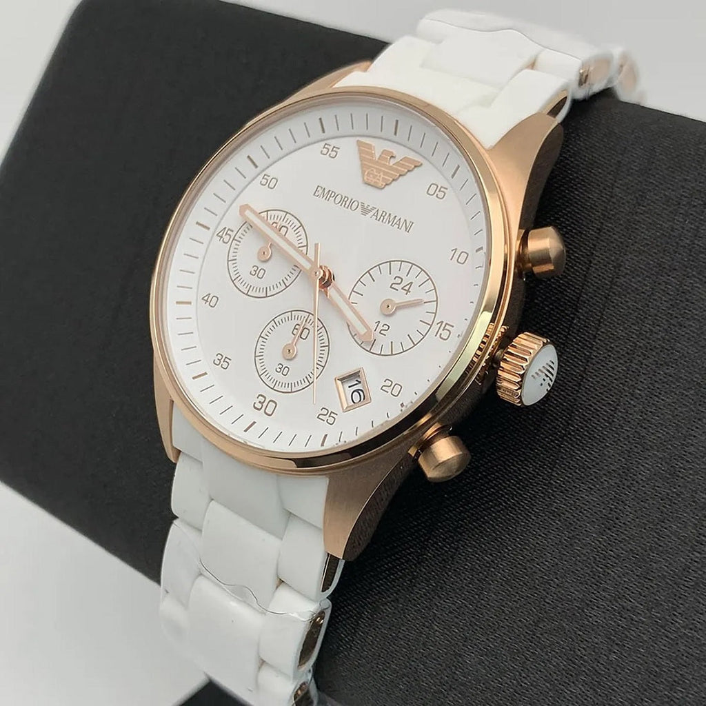 Emporio Armani Women's Watch Silicone White Strap With White Dial And Rose Gold Case AR5920 Sportivo