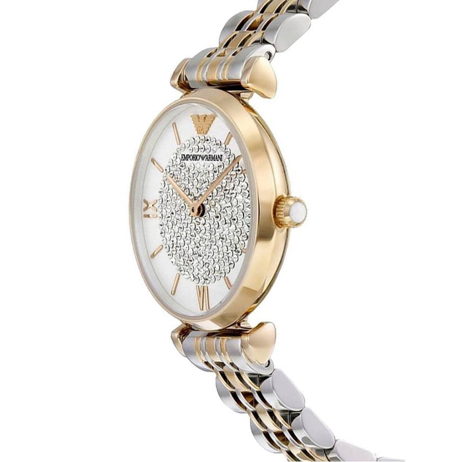 Emporio Armani Women's Watch Stainless Steel Silver & God Tone Strap White Pave Crystal White Dial AR8031 Gianni T-Bar