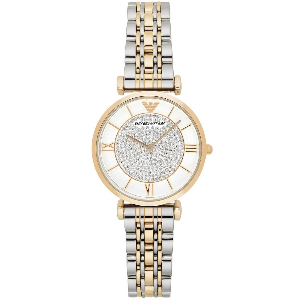 Emporio Armani Women's Watch Stainless Steel Silver & God Tone Strap White Pave Crystal White Dial AR8031 Gianni T-Bar
