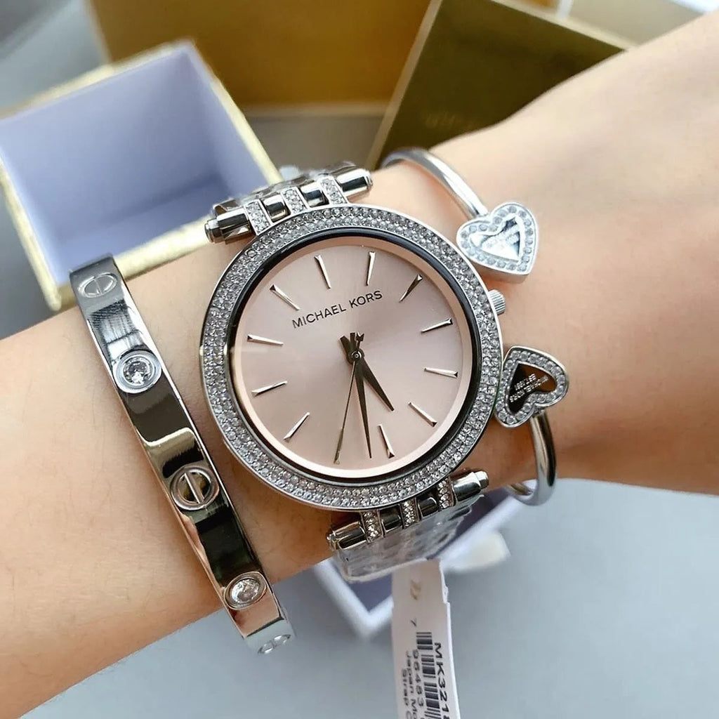 Michael Kors Women’s Watch Stainless Steel Silver Strap With Beige Dial And Crystals MK3218