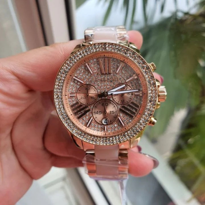 Michael Kors Women’s Watch Stainless Steel Rose Gold Strap With Pave Crystal Dial MK6096
