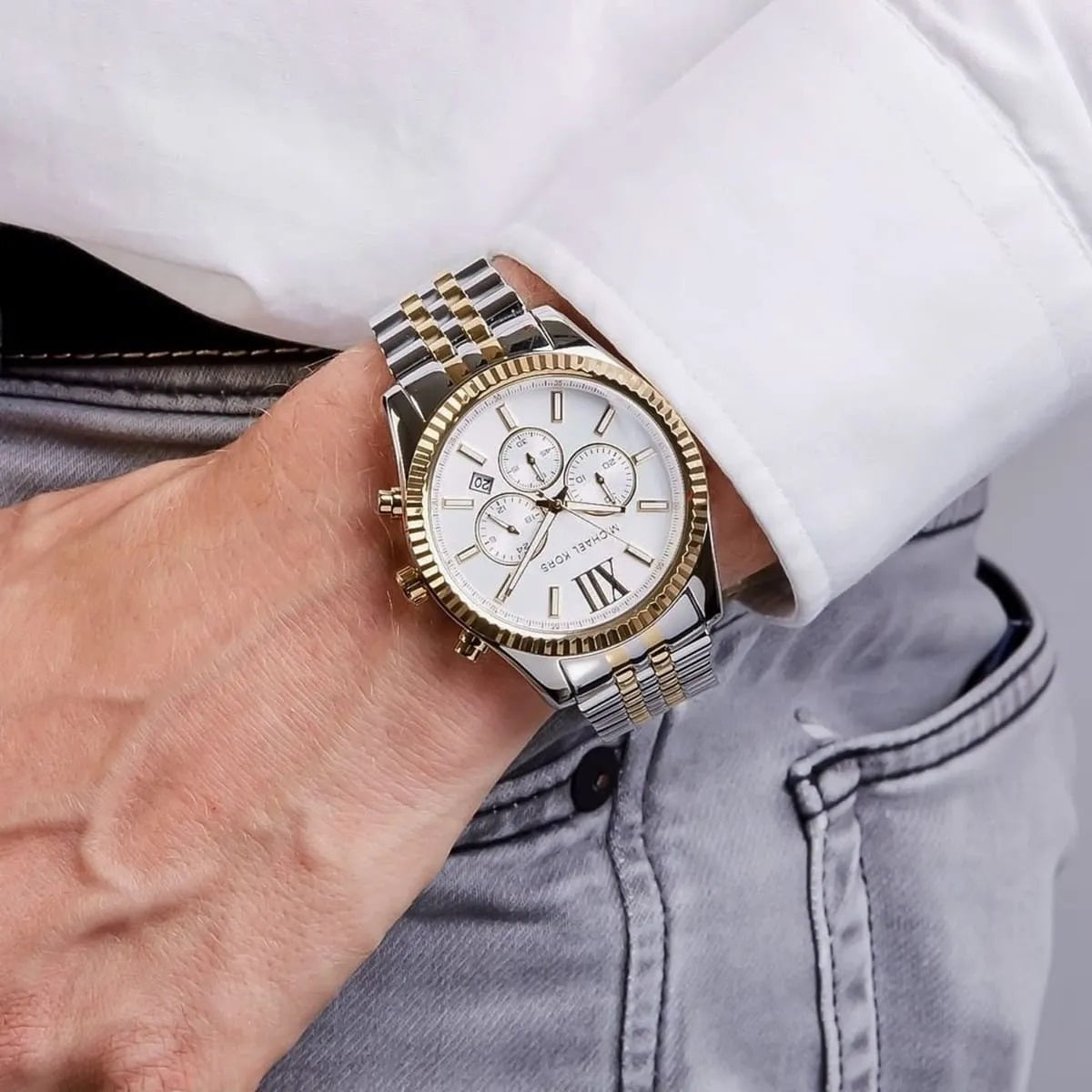 Michael Kors Men’s Watch Two-Tone Silver And Gold Strap With Silver Dial MK8344