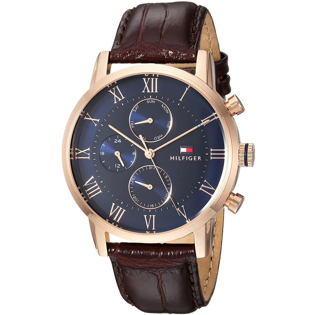 Tommy Hilfiger Men’s Watch Leather Brown Strap With Blue Dial And Gold Case 1791399